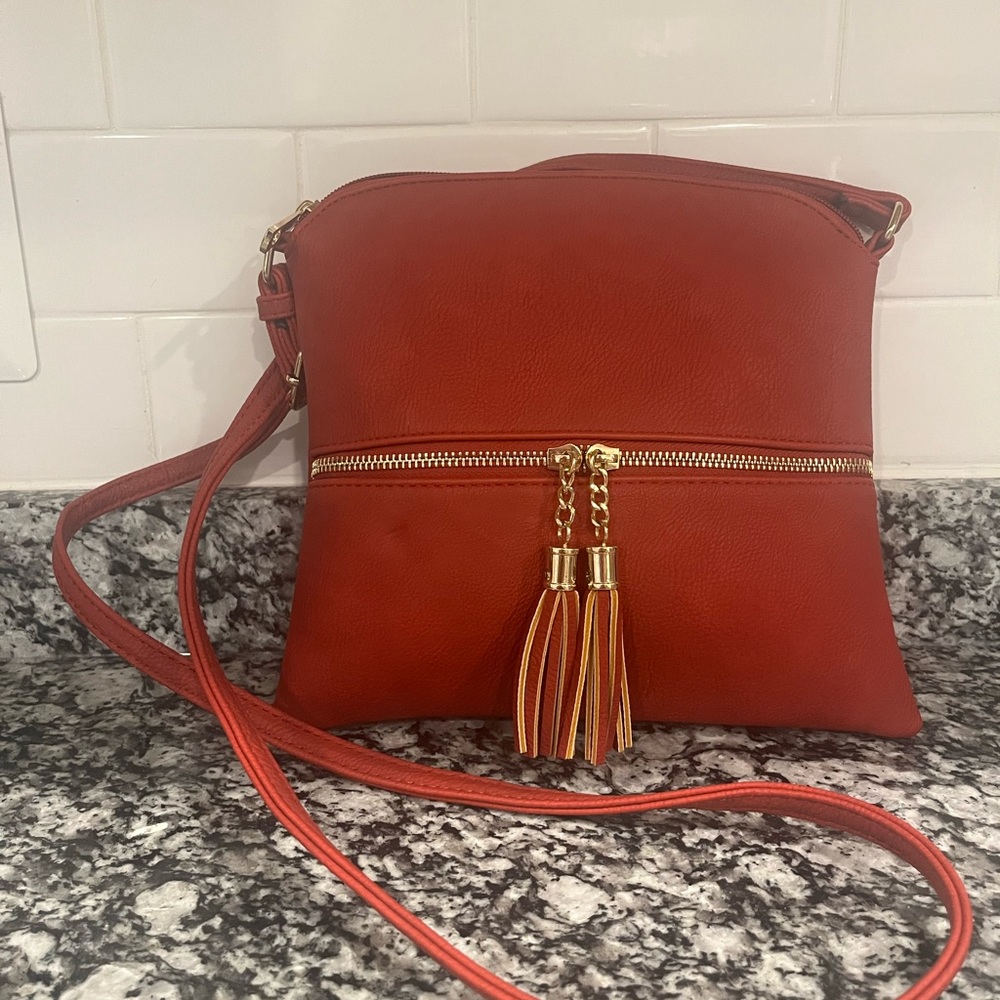 Classic Red Crossbody Bag with Tassel Zipper